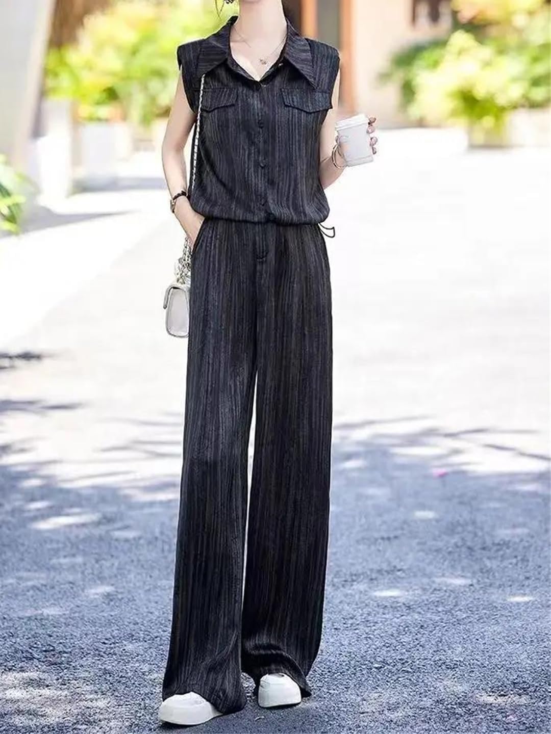 Alloaone Women Trousers Shirt Stripe Wide Leg Office Blouse and Pant Sets for Women 2 Pieces
