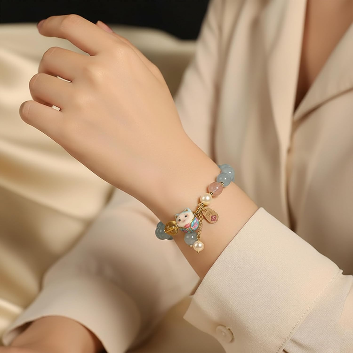 2Pcs Lucky Cat Bracelet for Women Blue Crystal Beads & Hand-Painted Ceramic Cat Charm A Symbolic Gift of Good Luck Protection Wealth and New Beginnings Meaningful Accessory for Mother’s Day - Image 4