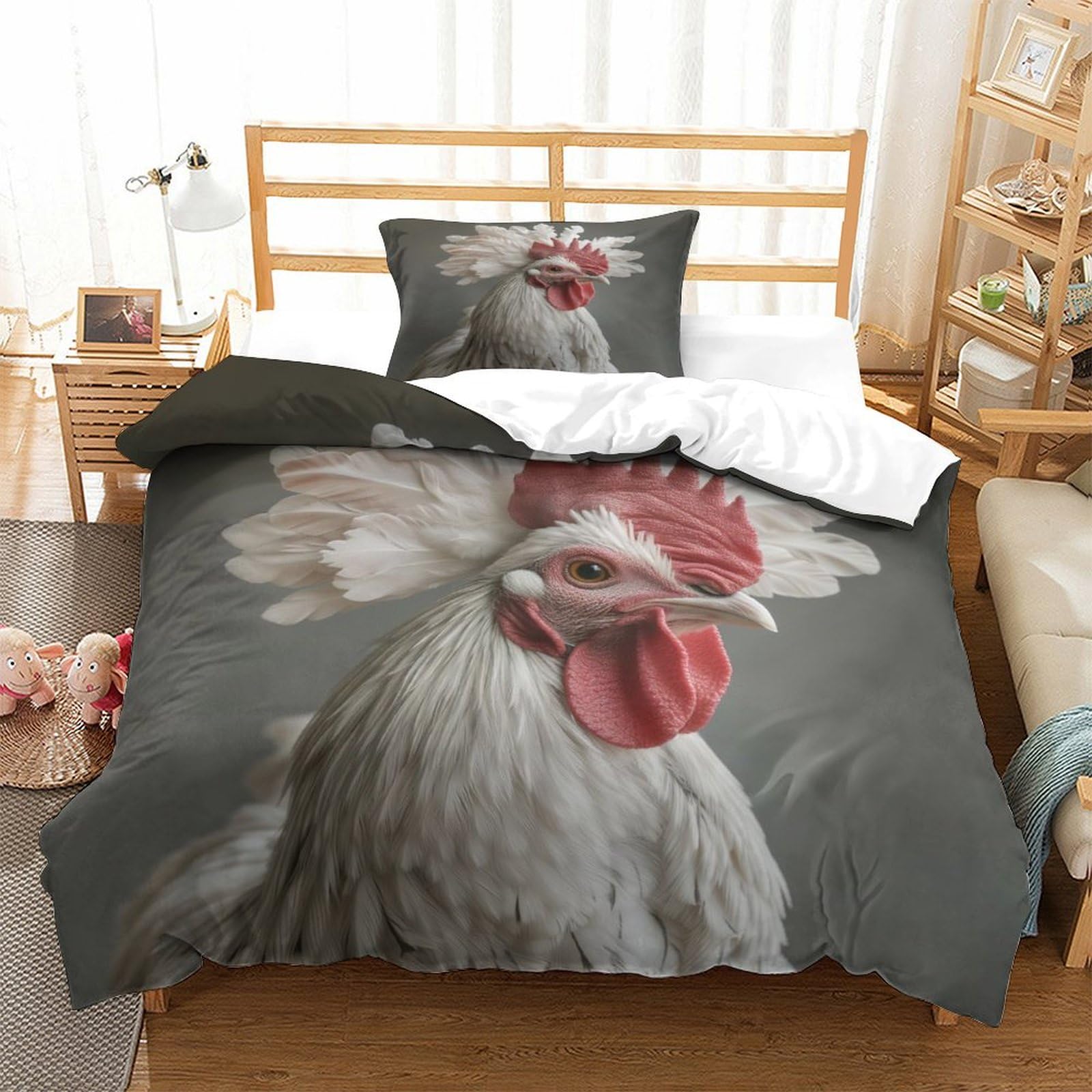 P1S9U7W5Y Farm Animal 3D Printed Rooster Duvet Cover Set 3pcs Microfiber Chicken Bedding Set Single（135x200cm）
