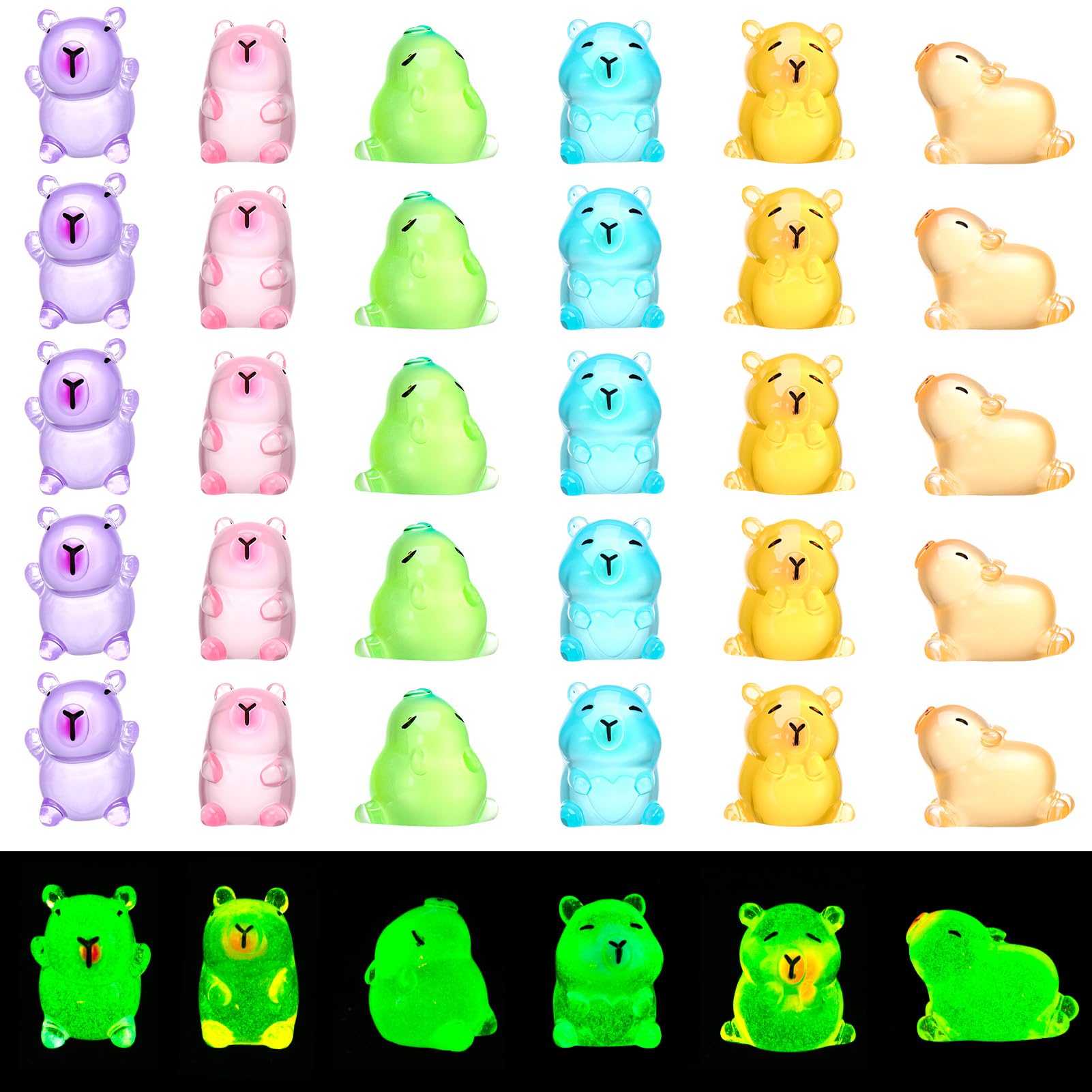 30 Stück Leuchtende Capybara-Figuren – Mini, Aus Kunstharz, Glow In The Dark, 5 Verschiedene Posen
