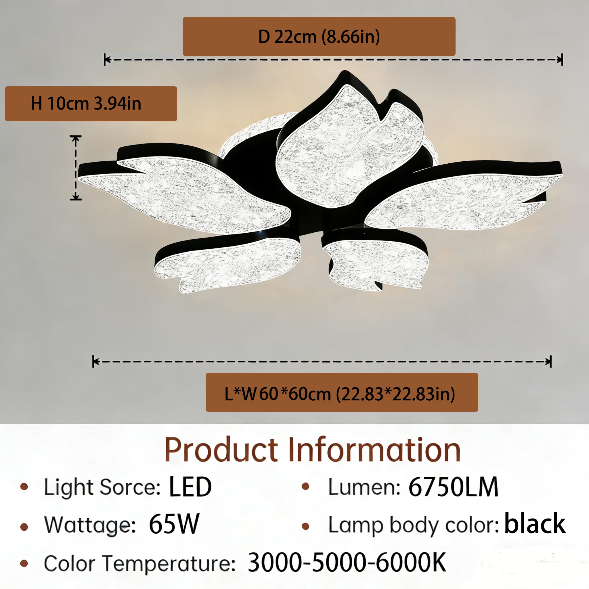 Możliwość ściemniania lampa sufitowa LED z pilotem zdalnego sterowania i aplikacją mobilną, z timerem i funkcją pamięci, nowoczesna lampa sufitowa 3000 K-6500K, sypialnia, jadalnia (czarna, 60 x