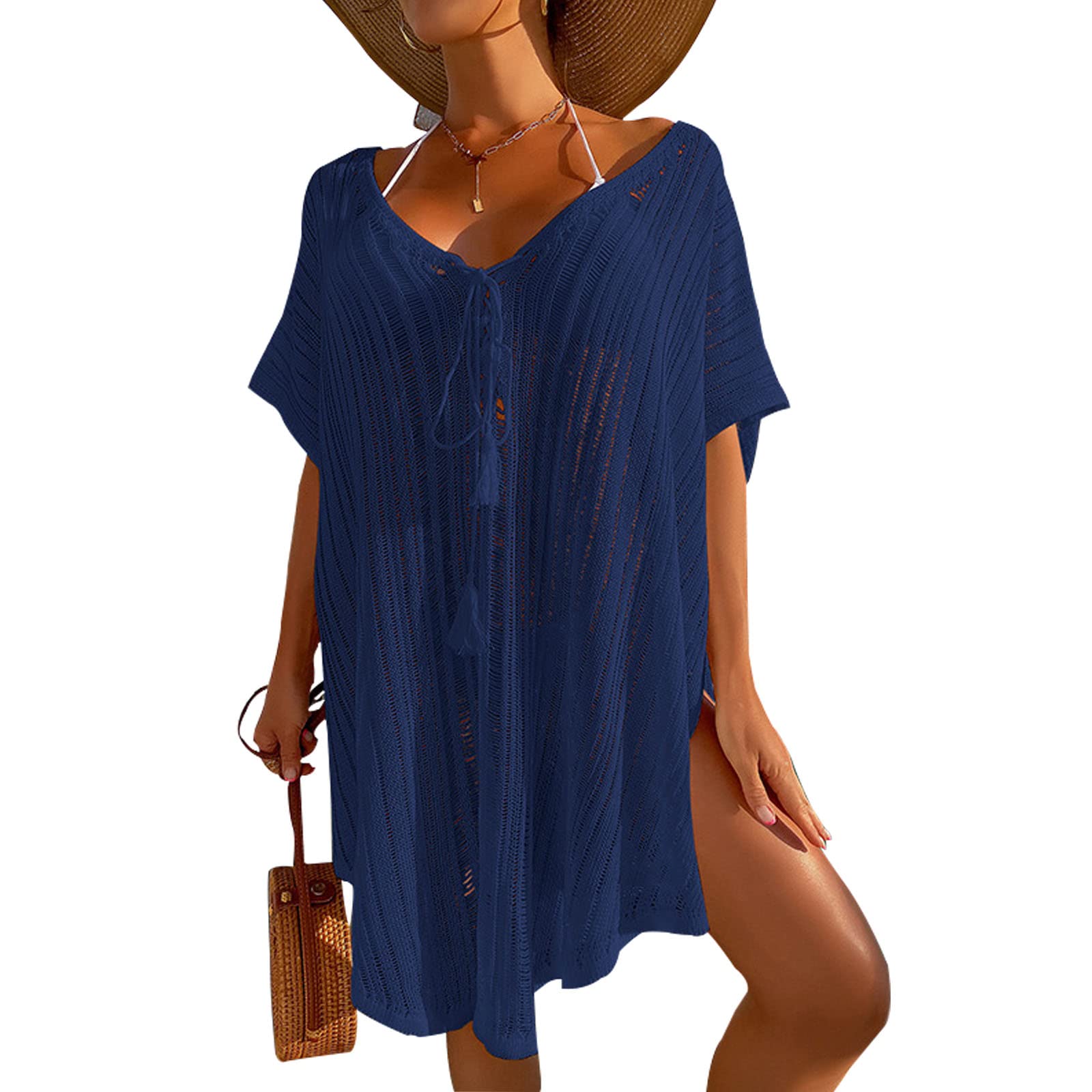 Baynetin Vestido de Playa para Mujer, Verano Sexy Bikini Cover Up Traje de Baño Cubrir Ropa de Baño Suelto Vestido Cuello en V, Manga Corta, Pareos y Camisola de Playa Hueco