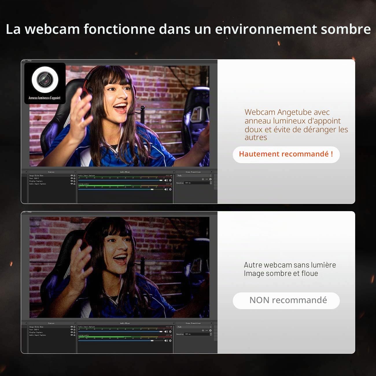 Angetube Streaming Webcam HD 1080P avec Anneau de lumière, 967 USB PC autofocus Webcam avec Double Microphone, caméra vidéo pour Mac Windows Portable pour conférences et Jeux Xbox OBS Skype Youtube