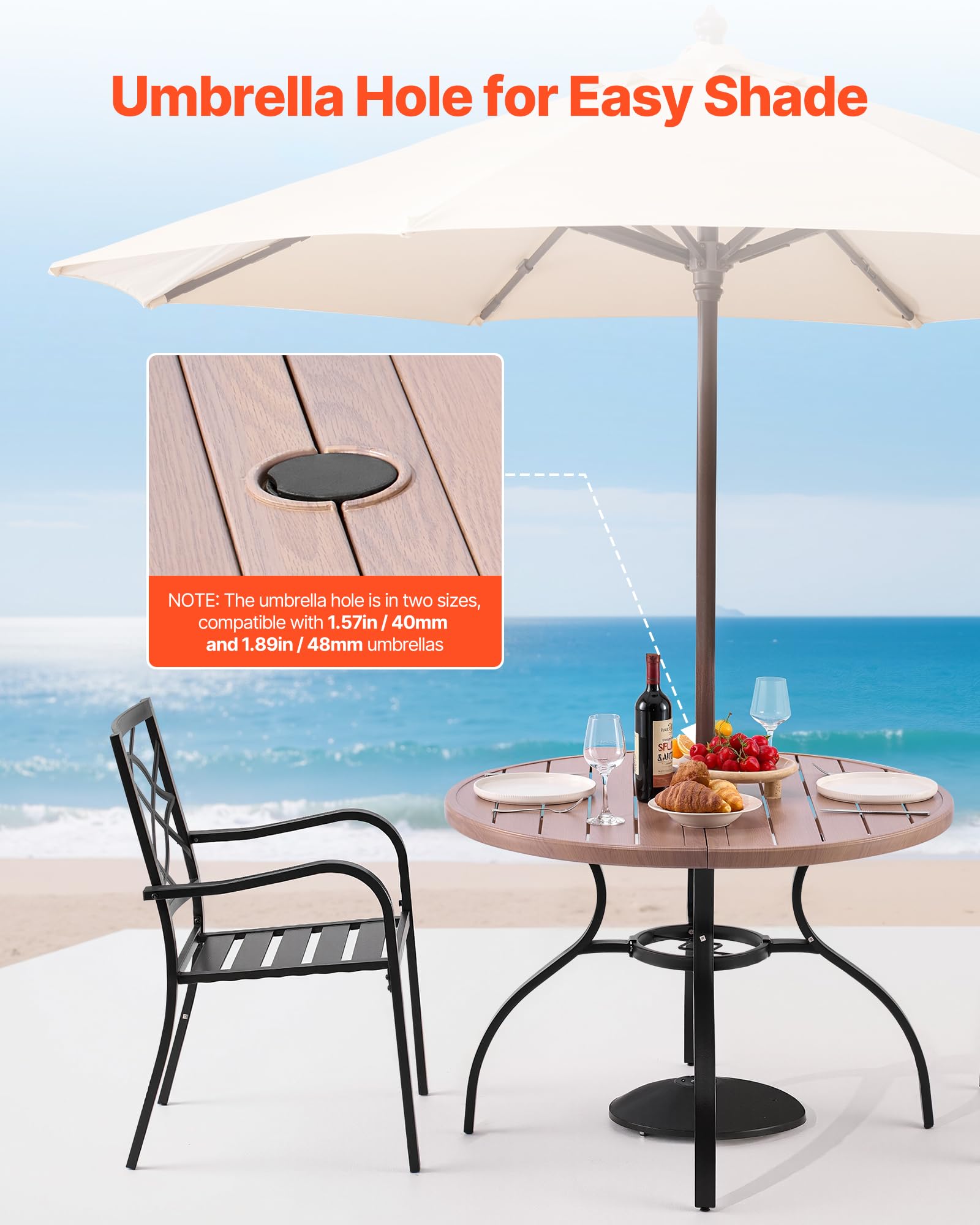 VEVOR Table à Manger pour Patio extérieur 1035 mm, Table de Bistrot Ronde en Acier Imitation Bois 4 Personnes, Trou Parasol 38 mm, Gris