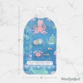 WeeSprout Double Zipper Reusable Food Pouches, Perfect for Babies & Toddlers, Freezer & Dishwasher Safe (Educational, 5 Fl Oz (Pack of 6) + Pouch Filler)