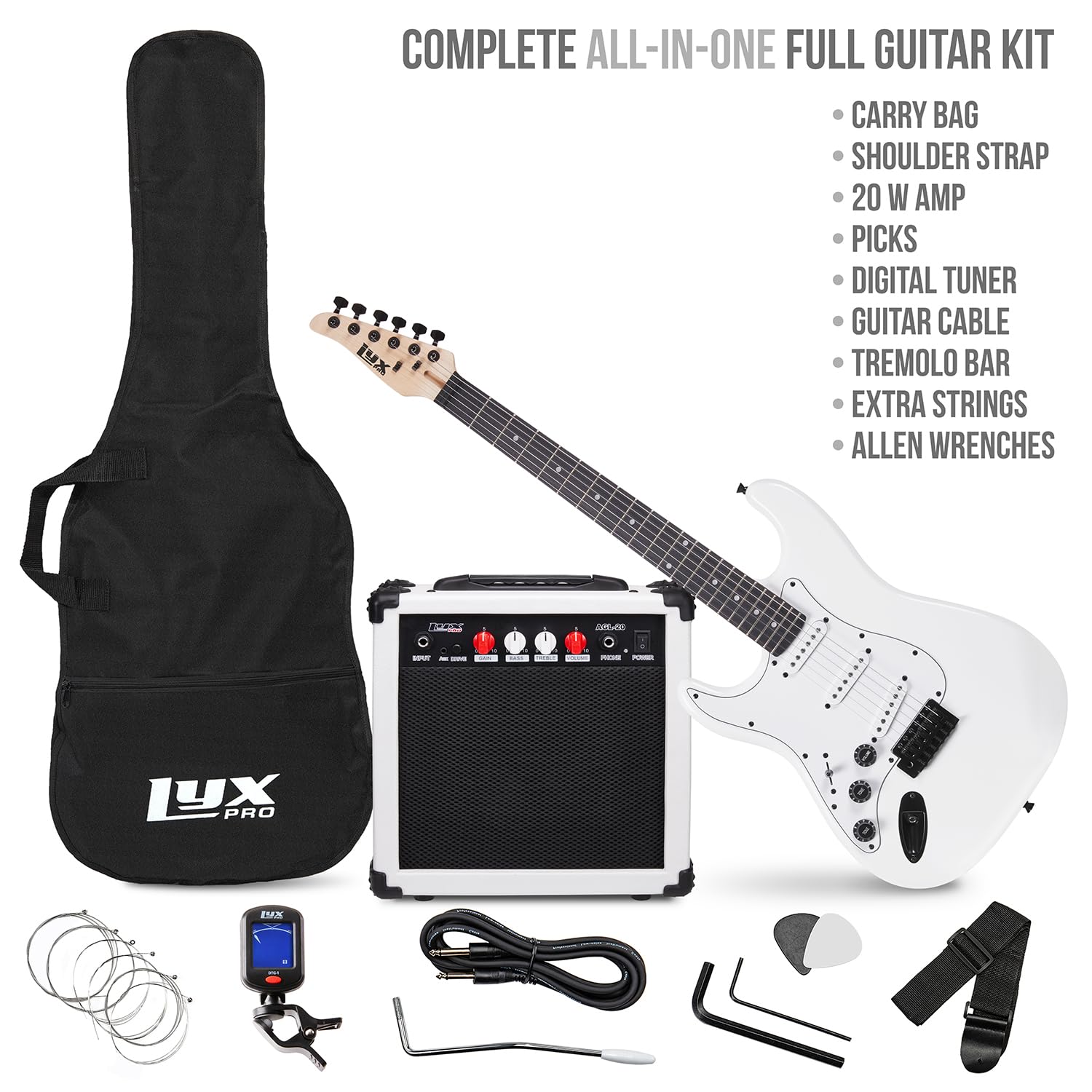 LyxPro Chitarra elettrica a mano sinistra da 39 pollici e set di avvio per chitarra principiante full size Lefty, amplificatore, sei corde, due plettri, tracolla, clip