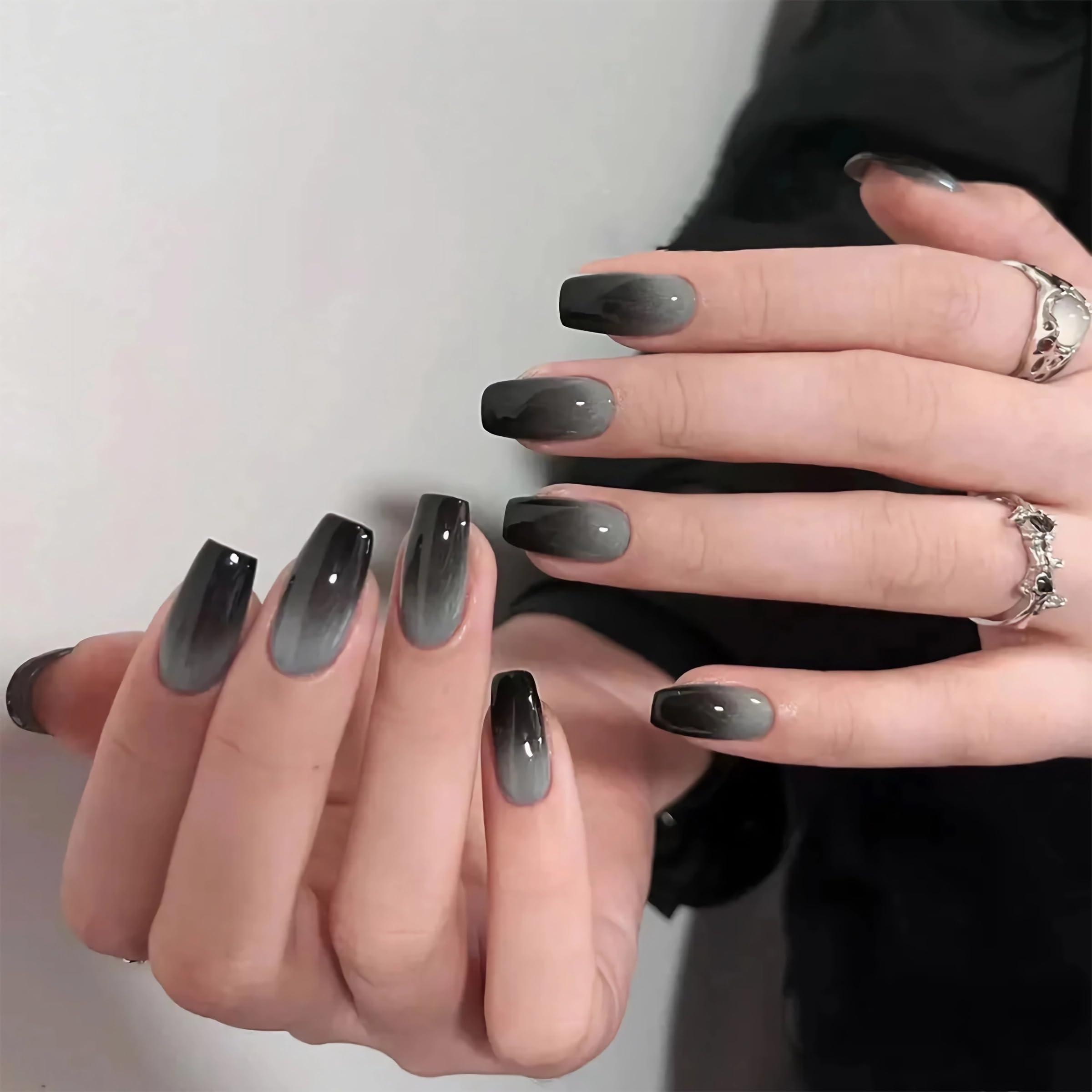 BABALAL Coffin Press on Nails Medium Fake Nails Black Acrylic Nails Green Ombre Glue on Nails 24Pcs Glossy Ballerina Goth Manicure Diy False Nails for