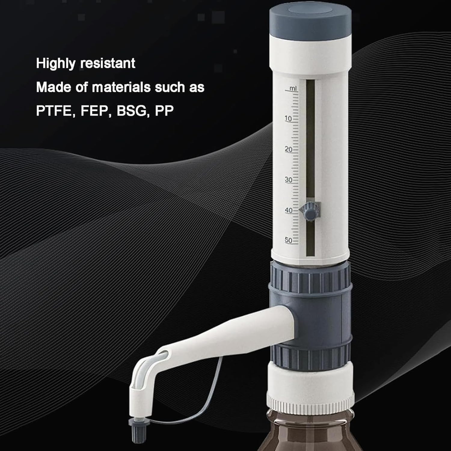 Dispenser chimico con 5 adattatori, valvola anti-gocciolamento, tappo di sicurezza, design ermetico per una misurazione accurata dei liquidi