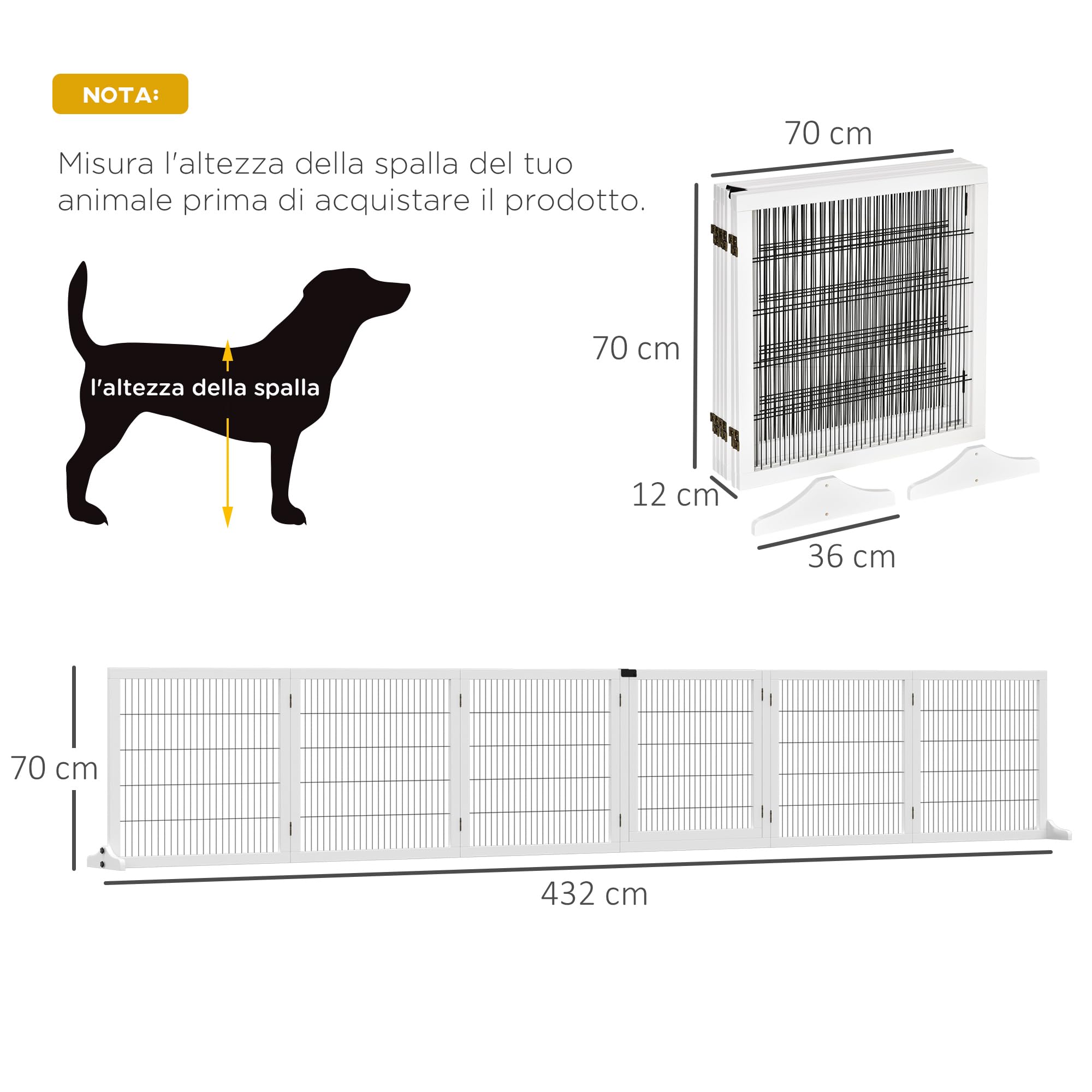 PawHut Cancelletto per Cani di Piccola/Media Taglia a 6 Pannelli Pieghevoli, Cancelletto di Sicurezza in Legno e Acciaio, 432x36x70 cm, Bianco
