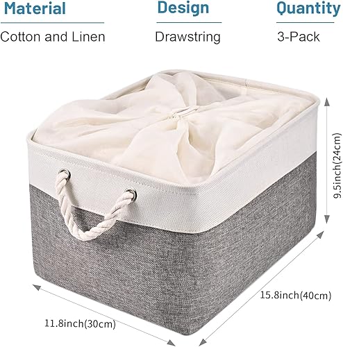 Miniatura 2 de HOdo Home 3 contenedores de almacenamiento de 15.8×11.8×9.5 pulgadas, contenedor de tela con cierre de cordón y 2 asas resistentes, canastas de lona