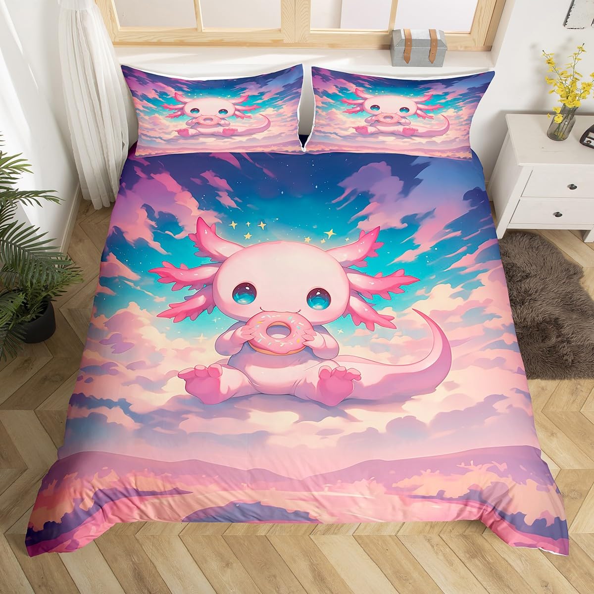 Homemissing Cartoon Axolotl Duvet Cover Cute Axolotl Bedding Set for Kids Boys Girls Ocean Animal Comforter Cover Salamander Bedspread Cover Bedroom Collection 2Pcs Cot Size — image 1