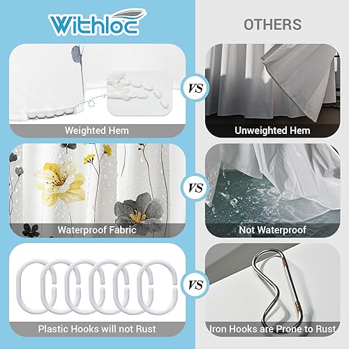 Miniatura 2 de Juego de cortinas de ducha de flores de acuarela - Cortinas de ducha de plantas florales de primavera amarillo gris para baño, lavable, tela moderna