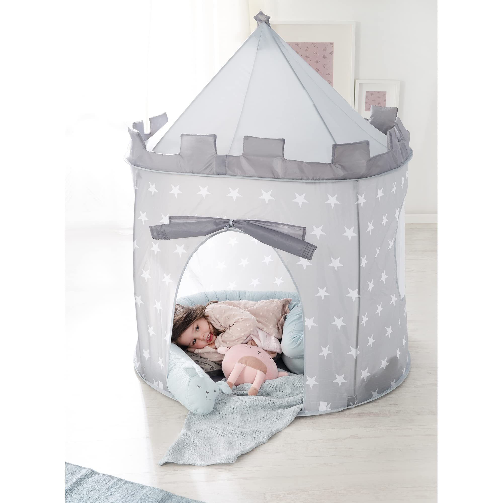 roba Tenda da Gioco - Little Stars - Casetta da Gioco in Tessuto - 105 x 135 cm - Telaio con Barre in Fibra di Vetro - Borsa Inclusa - Grigio