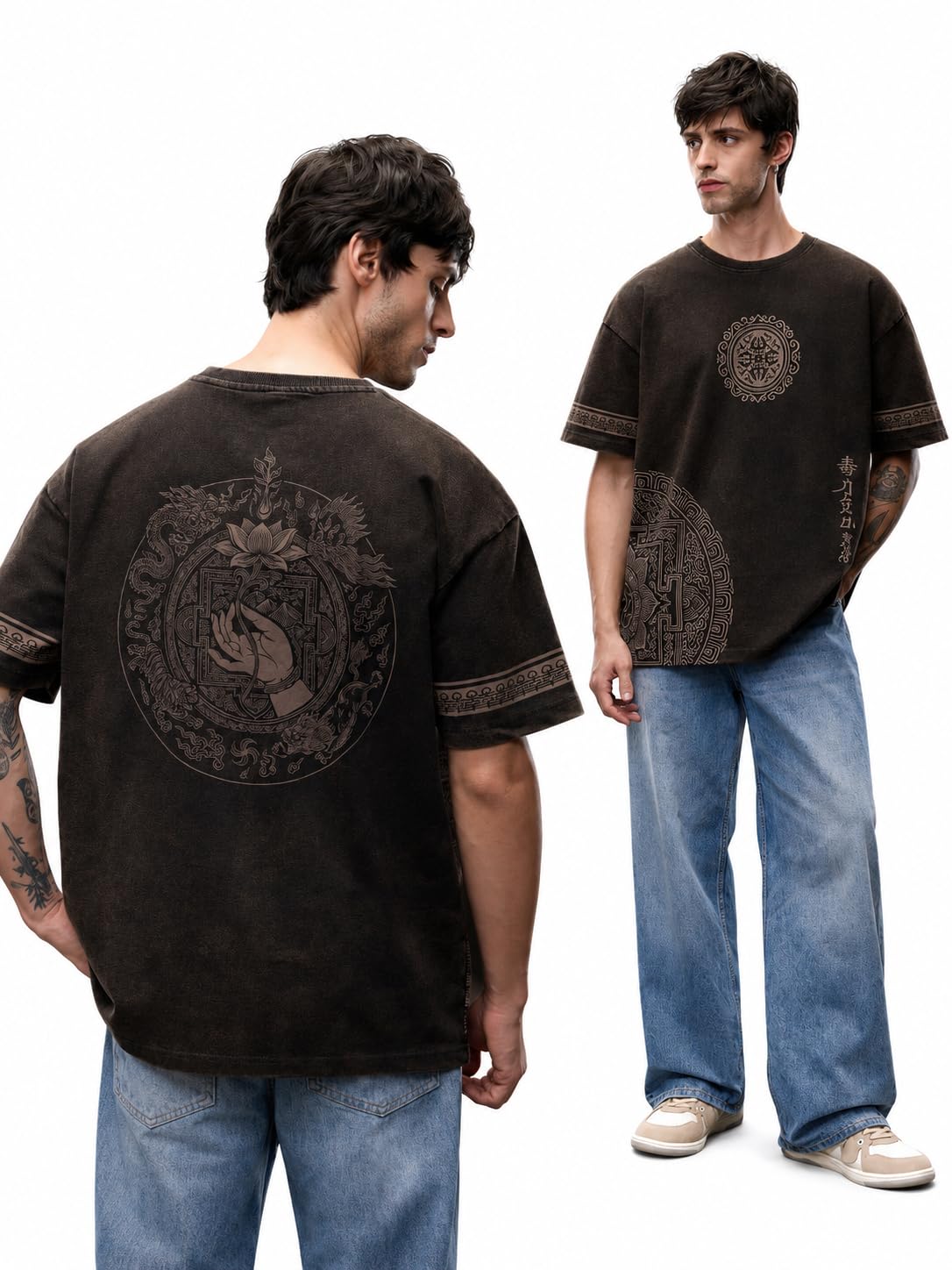 Tibetan Tales: Mandala Thangka Men and Boys Short Sleeves Round Neck Dark Brown Graphic Printed Cotton Drop Shoulder Casual Trendy Vintage Wash Streetwear Oversized T-Shirts-image-17