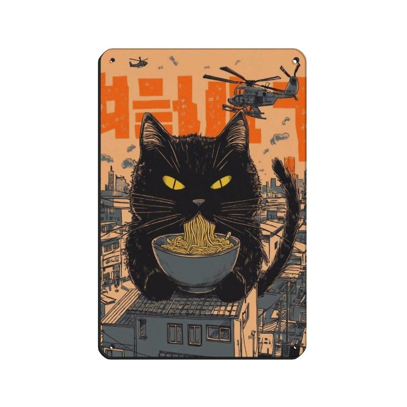 Giant Cat Watching City Eating Noodles Art Poster Retro Poster Metal Tin Sign Chic Art Retro Iron Painting Bar People Cave Cafe Family Garage Poster Wall Decoration 8x12inch(20x30cm)