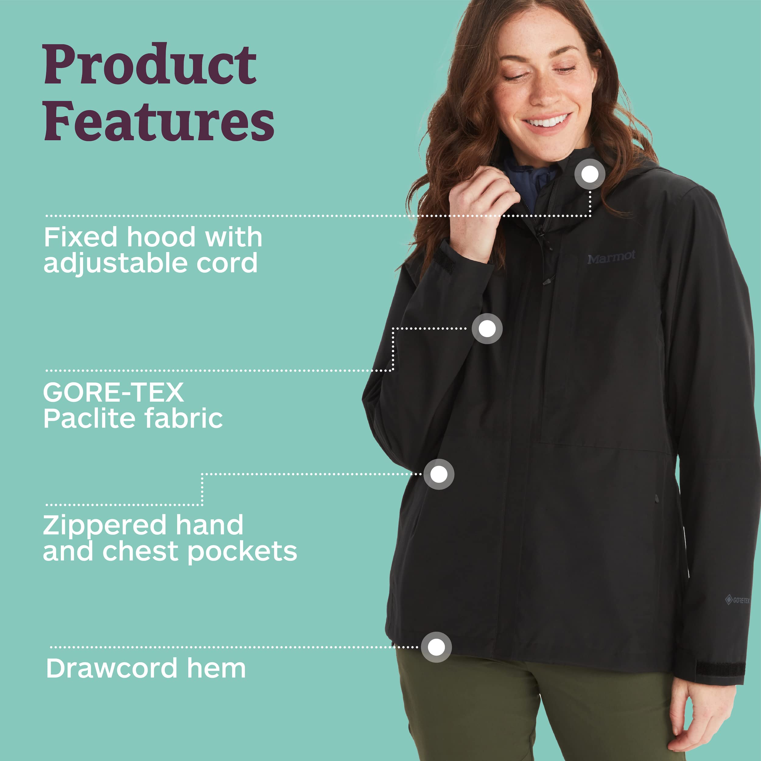 Marmot Kobiety Wm's Minimalist Jacket, Wodoodporna kurtka przeciwdeszczowa GORE-TEX, oddychający płaszcz przeciwdeszczowy z kapturem, lekka wiatrówka hardshell na wędrówki, Black, S