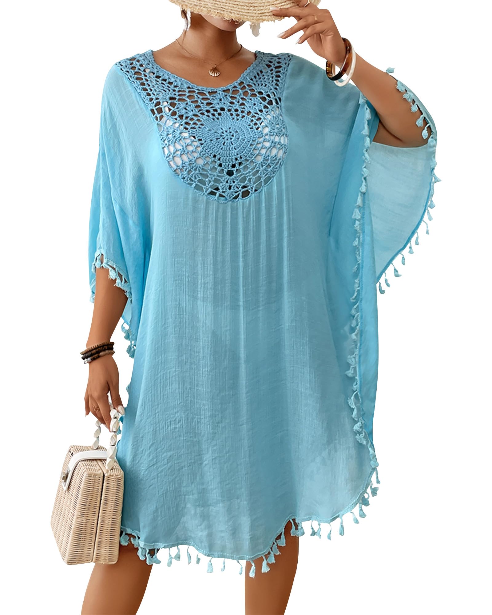 Womens Swimsuit Coverup Crochet Chiffon Tassel Cover Ups Dress Summer Swimwear Beach Lace Pullover Bathing Suit