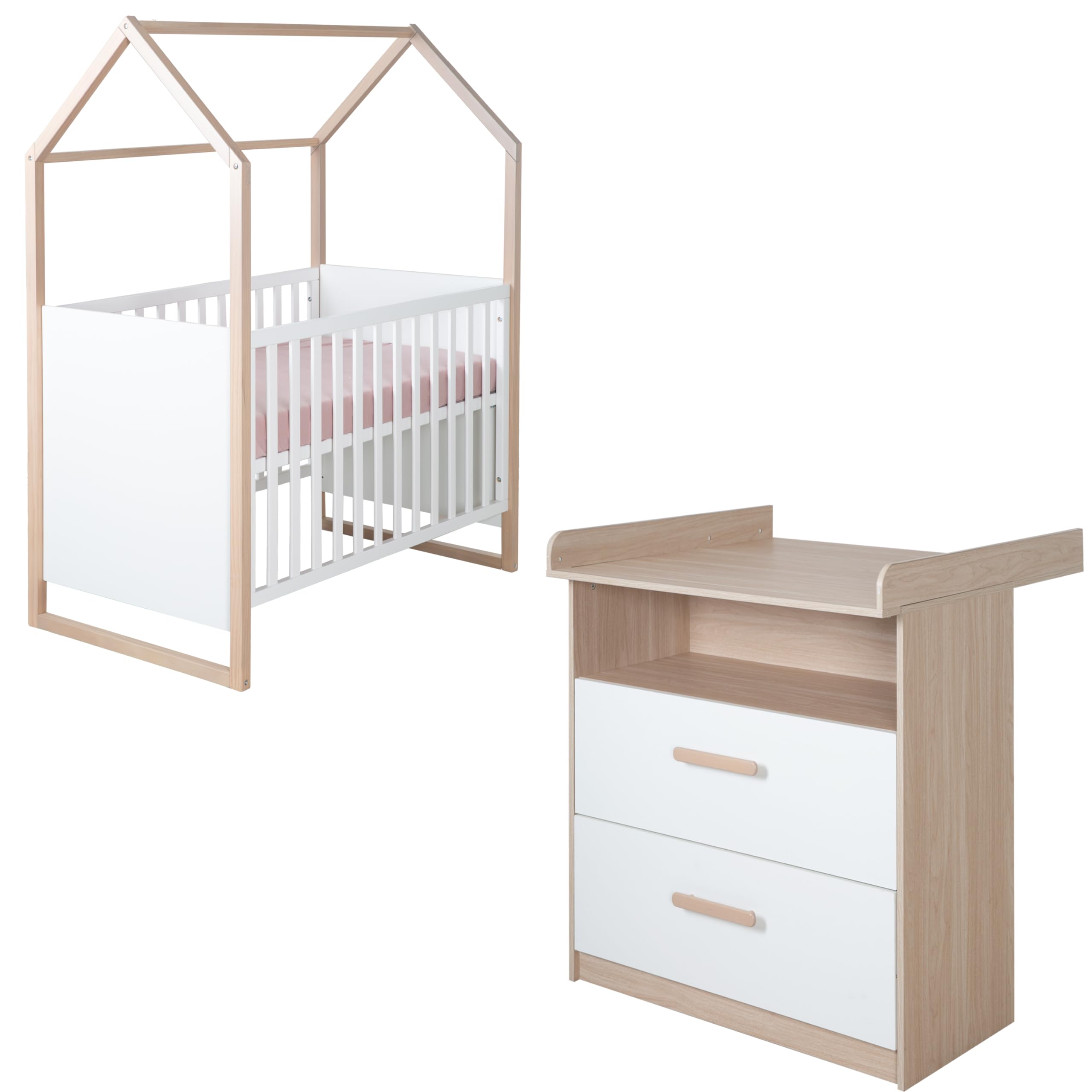 roba Babymöbel Cabane 2 pièces – Lit bébé & lit d'appoint 60 x 120 cm + commode à langer avec embout amovible – Chambre d'enfant en blanc/décor chêne