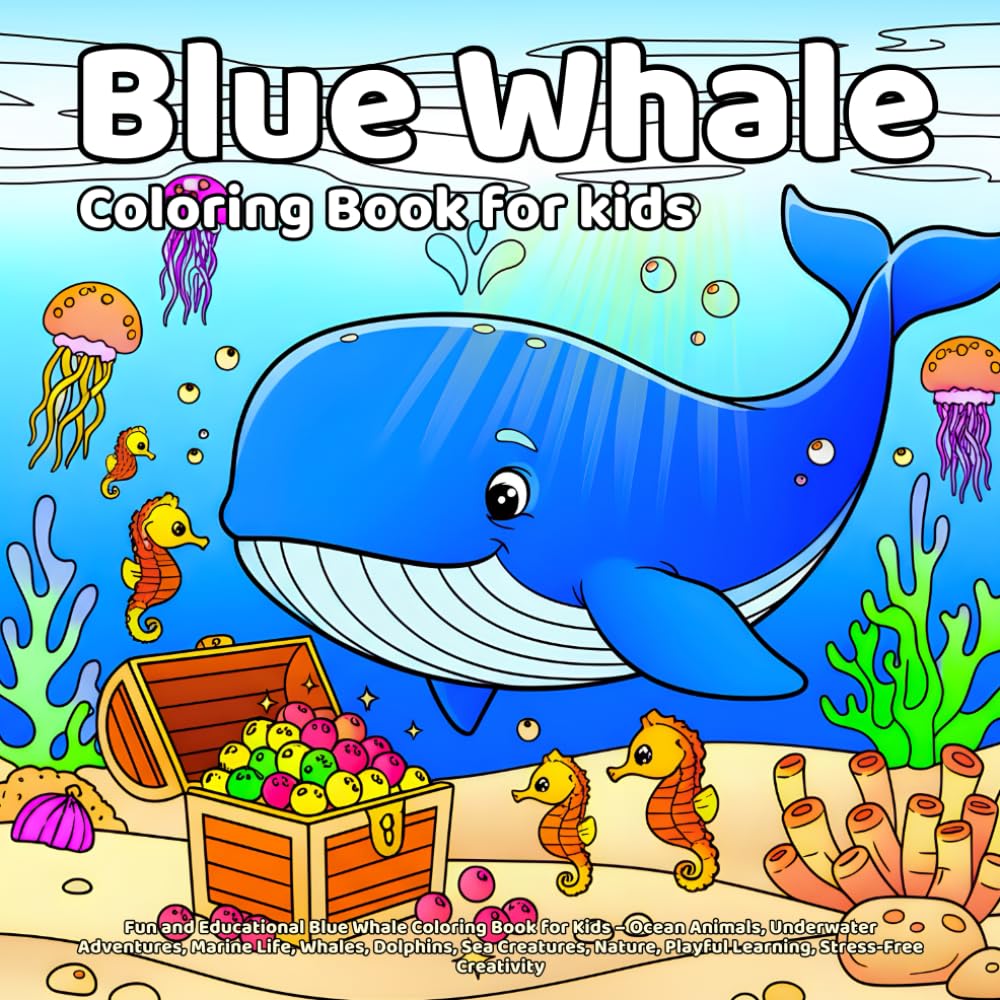 Blue Whale Coloring Book: Fun and Educational Blue Whale Coloring Book for Kids – Ocean Animals, Underwater Adventures, Marine Life, Whales, Dolphins, ... Playful Learning, Stress-Free Creativity
