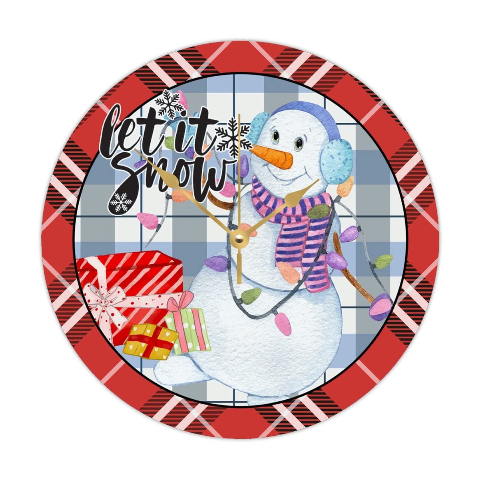 Horloge murale de Noël Let It Snow ronde en bois silencieuse vintage hiver 38 cm