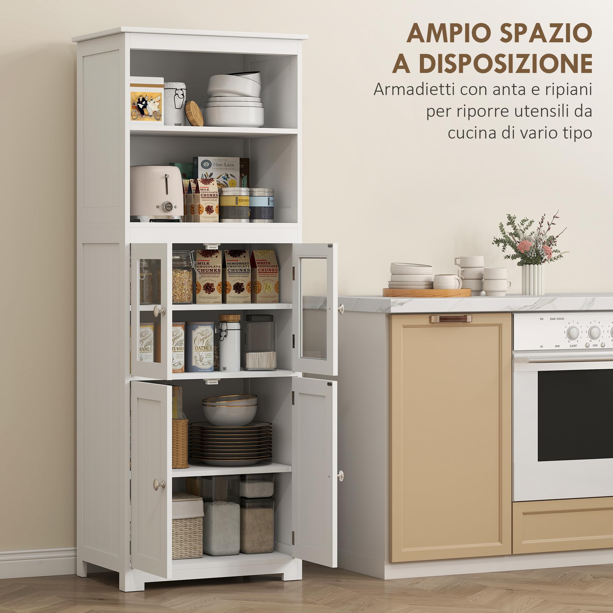 HOMCOM Credenza Cucina con 2 Ripiani Aperti e 2 Armadietti con Ante, Mobile Cucina in MDF e Vetro Temperato, 60x30x162 cm, Bianco