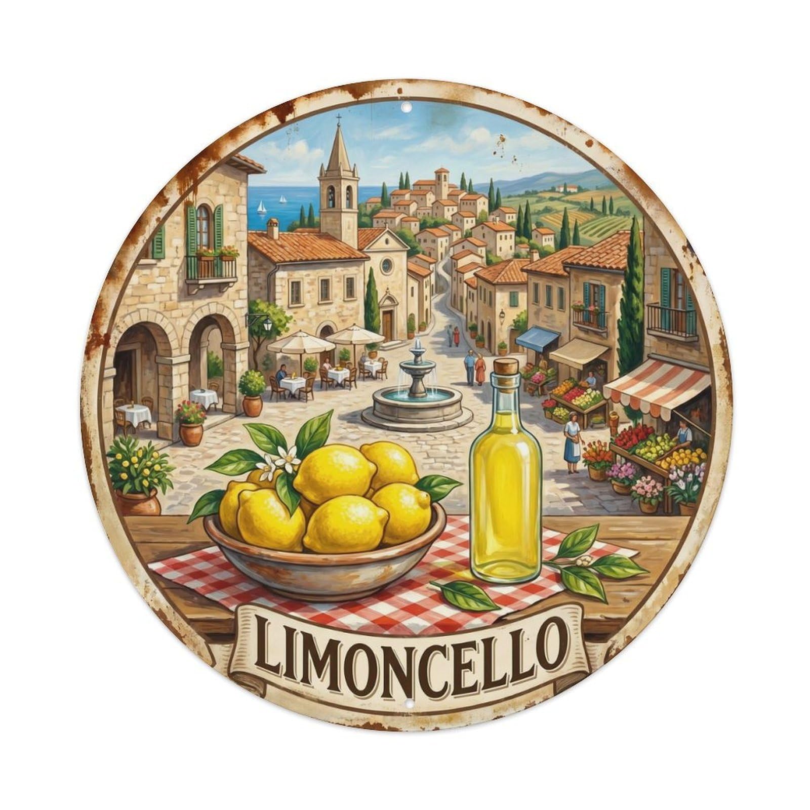 Authentic Limoncello Village Vintage Metal Tin Sign Plaque Wall Decor for Cafe, Club, Garden Round Metal Poster 8x8Inch