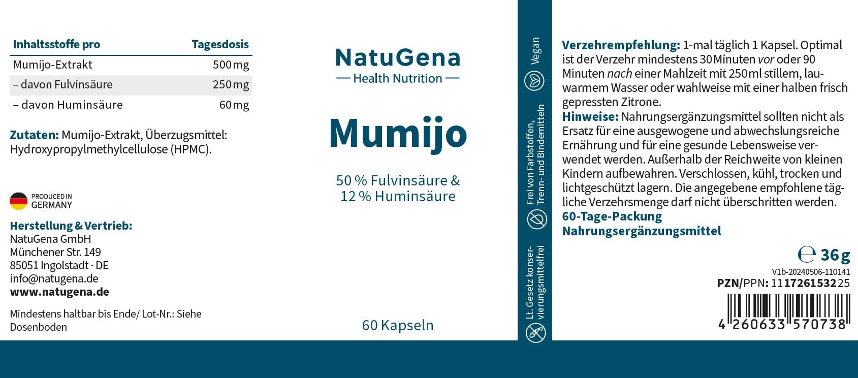 NatuGena Mumijo – 50% Fulvin- und 12% Huminsäure, Naturstoff | 60 Kapseln