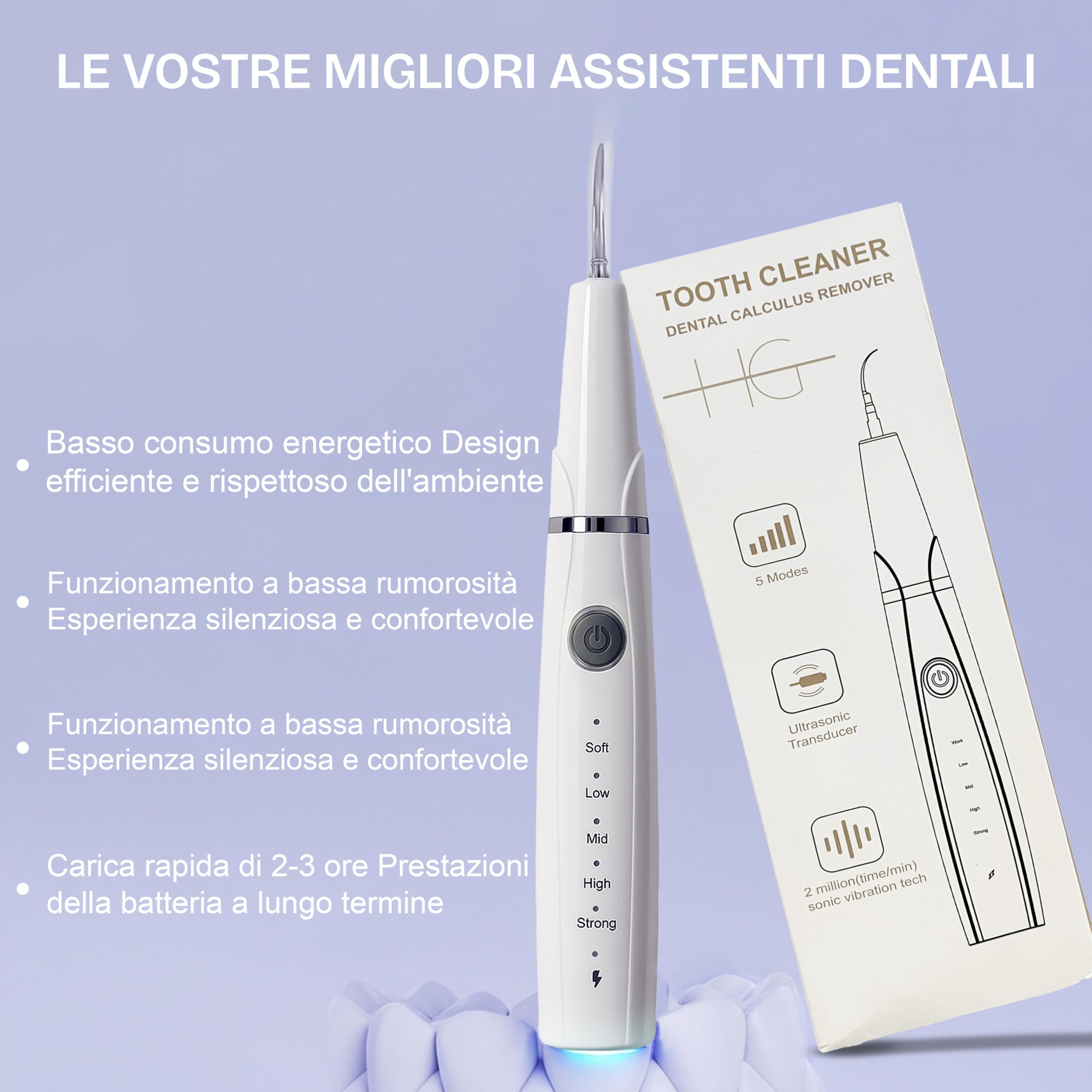 Detergente Ultrasonico per Denti – Rimuovi Placca e Tartaro con Luce LED – Pulitore Elettrico per Denti da Casa con Batteria Ricaricabile Type-C