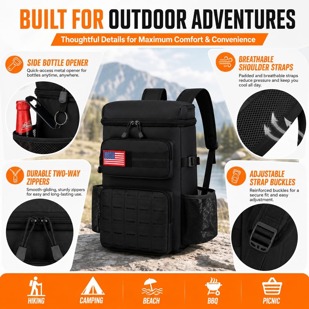 25L Extra Large Tactical Cooler Backpack, Soft Lightweight Insulated Lunch Box for Men, 38 Can Leakproof Cooler Bag Keeps Hot Cold up to 20H for Camping, Hiking, Beach, Work, Black image 5