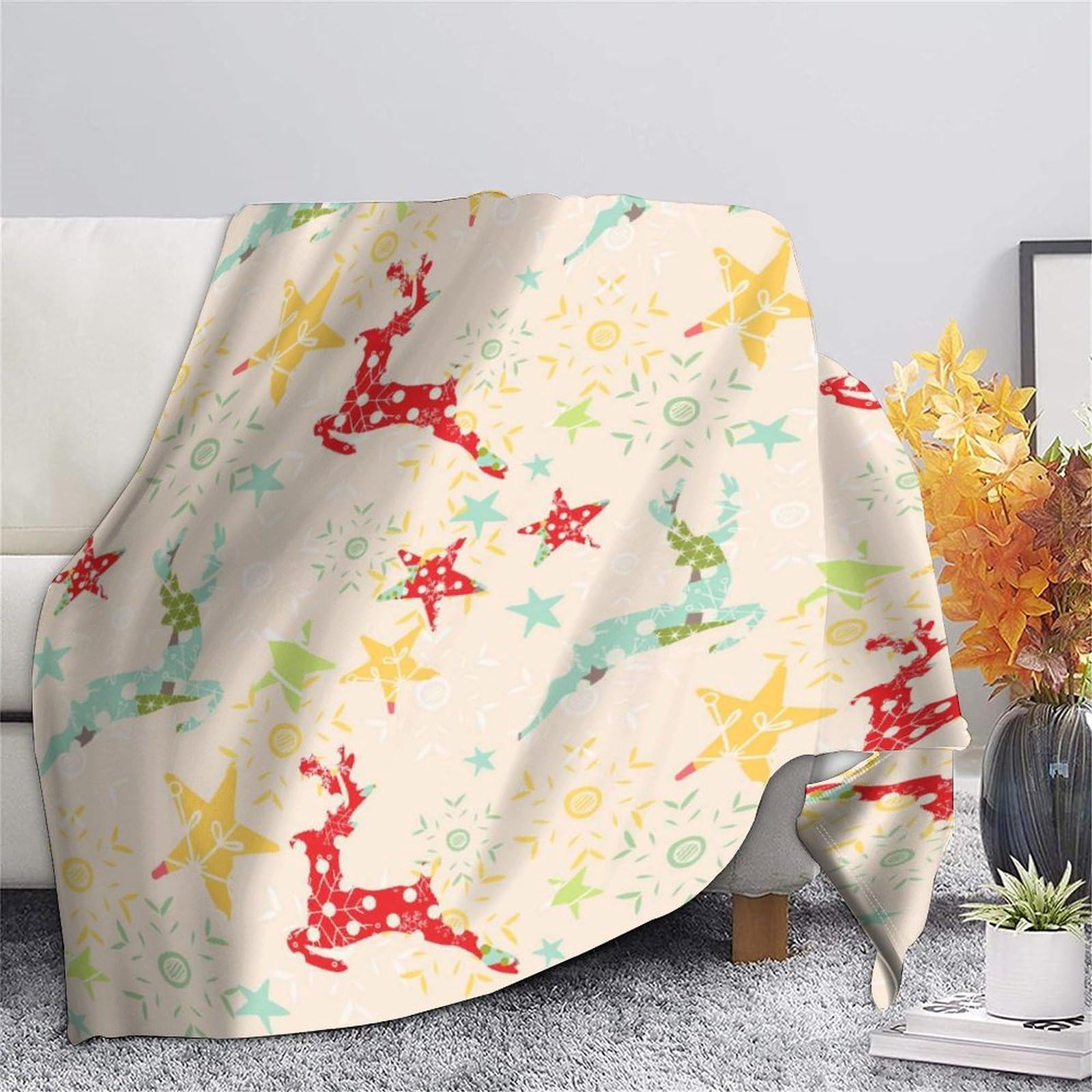 Manta de Reno Navideño 3D Impresa Microfibra Decoración Hogar Manta Navideña Suave Cálida Sofá Dormitorio Adultos Jóvenes 80x90inch(200x230cm)