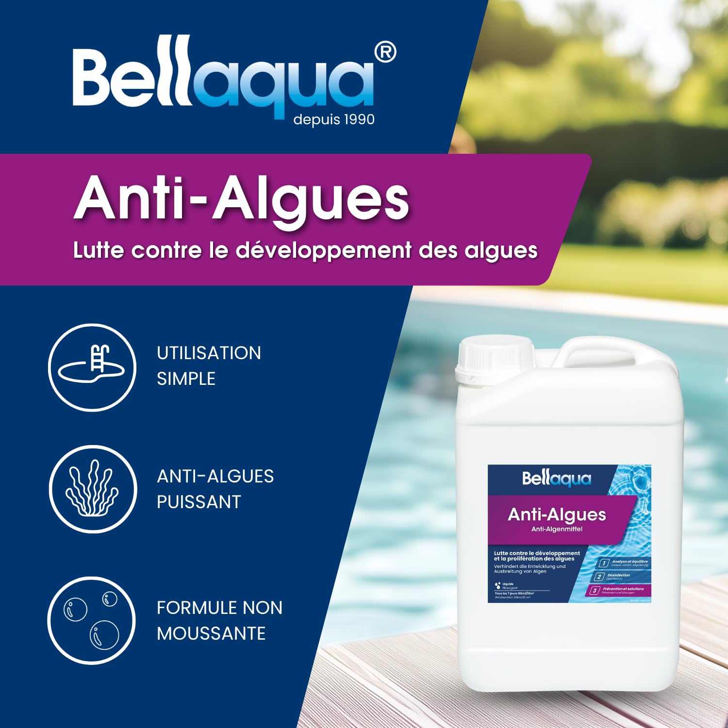 Bellaqua Anti-Algues Piscine 3L – Algicide Liquide sans Mousse – Prévention et Traitement des Algues – Compatible Tout Type de Piscine