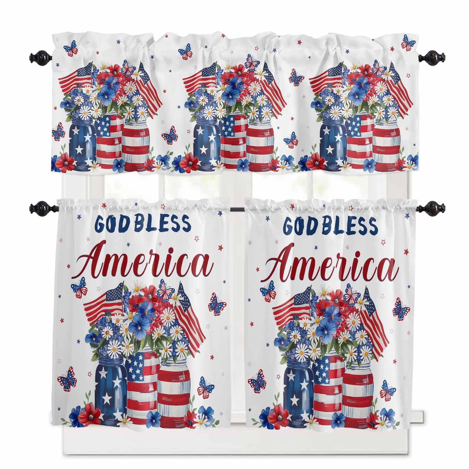 4th of July Kitchen Curtains 24 Inch Length,3 Piece Rod Pocket Small Half Tiers and Valance Set,Independence Day Blue Red US Flag Spring Floral Small Large Window Treatment Decor for Bedroom/Bathroom