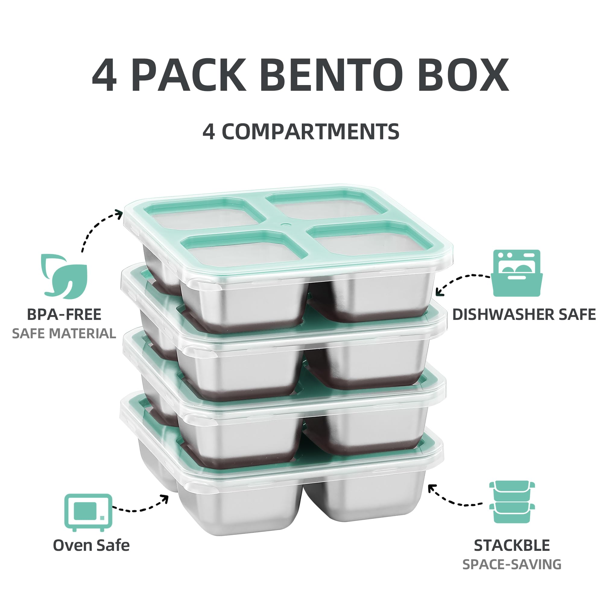 Misichao Snackbox mit 4 Fächern Edelstahl, 400ml Snackdose für Kinder & Erwachsene, Wiederverwendbare Lunchbox Bento Box mit Fächern für Schule, Arbeit & Camping