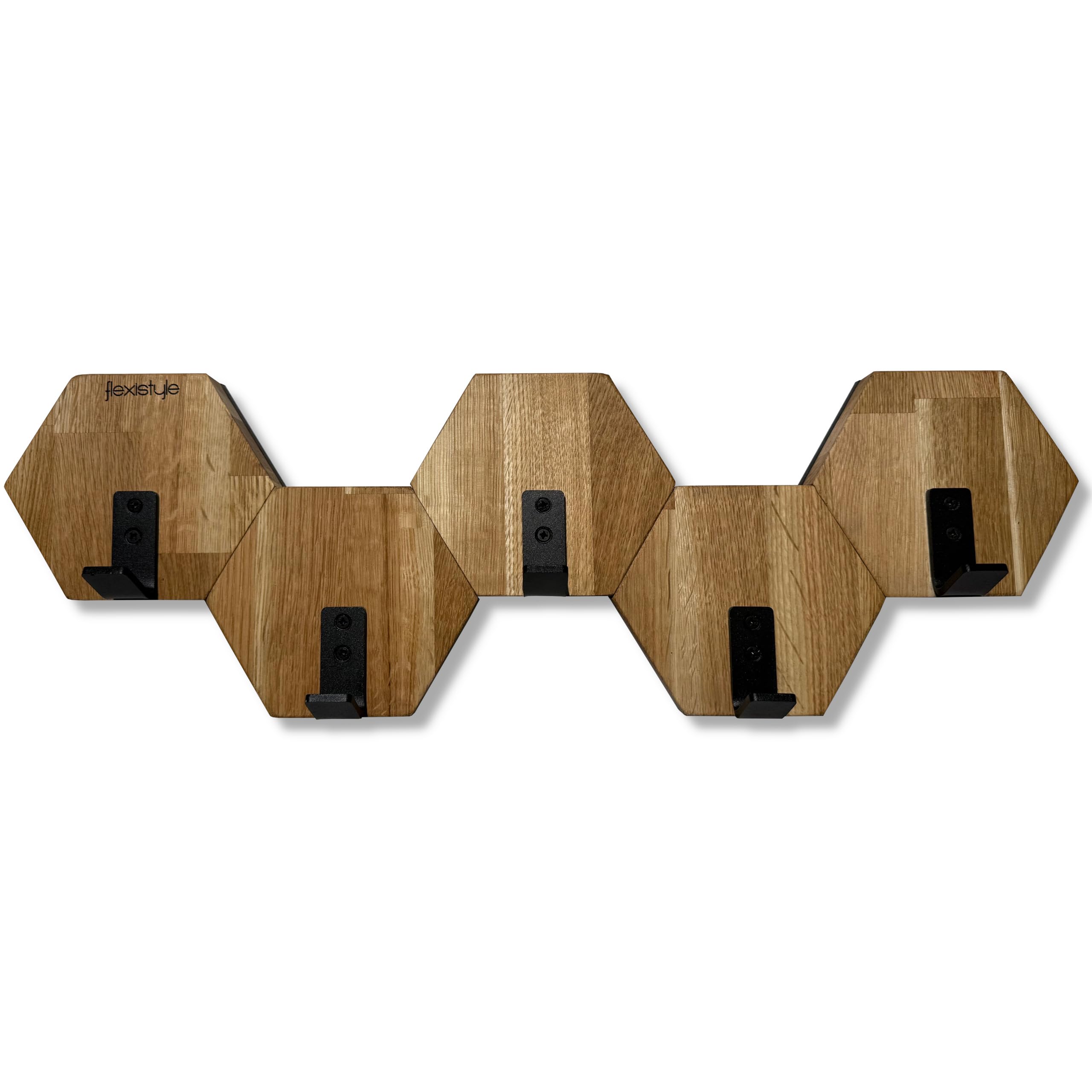 FLEXISTYLE Perchero hexagonal de pared de madera de roble negro, diseño moderno, habitación juvenil, baño natural (roble, 56)