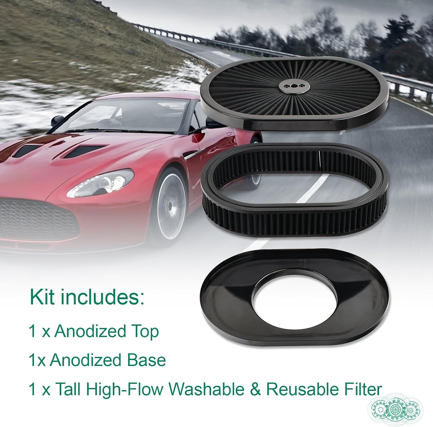 12''X2'' Oval Super Flow Air Cleaner Filter Assembly 5-1/8" Carb Neck Washable and Reusable Replacement V8 Air Cleaner Compatible With GMC Chevy Ford Chryler Dodge Black