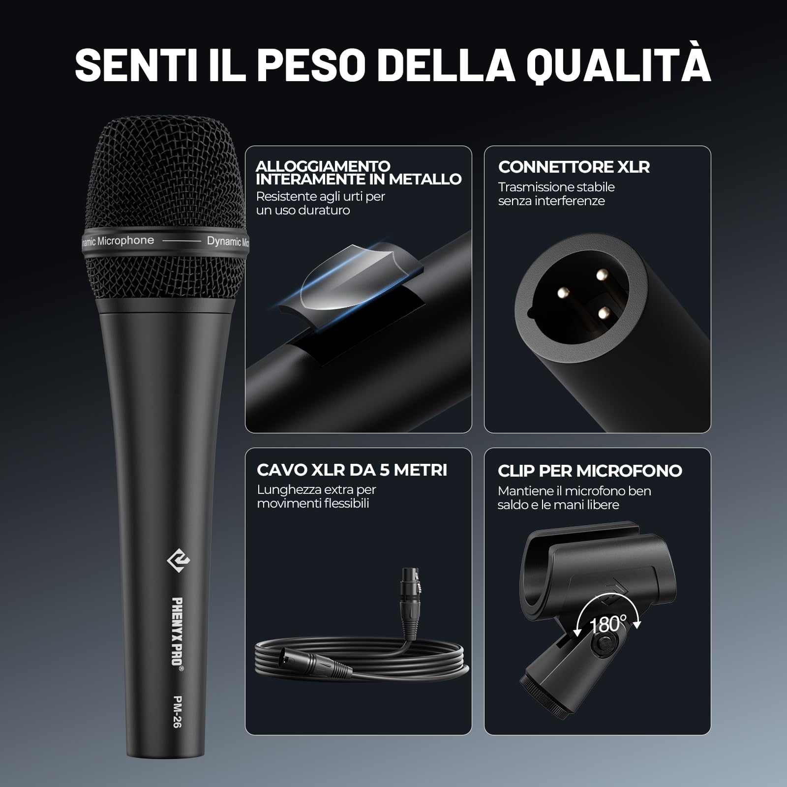 Phenyx Pro Microfono Vocale Dinamico Supercardioide XLR PM-26 | Capsula supercardioide, Microfono palmare dinamico, Cavo XLR 5 m, Clip microfono, Borsa trasporto, Canto, Palco, Karaoke
