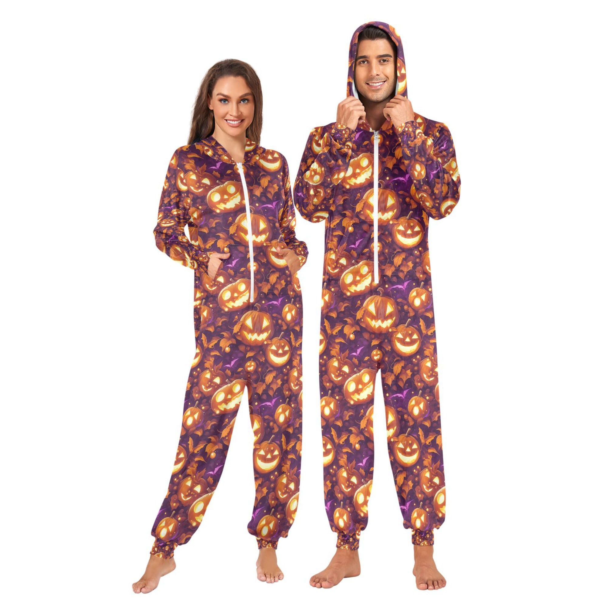 Wudan Piżama jednoczęściowa dla dorosłych z kapturem bluza kombinezon Halloween dynie nietoperze liście bielizna nocna