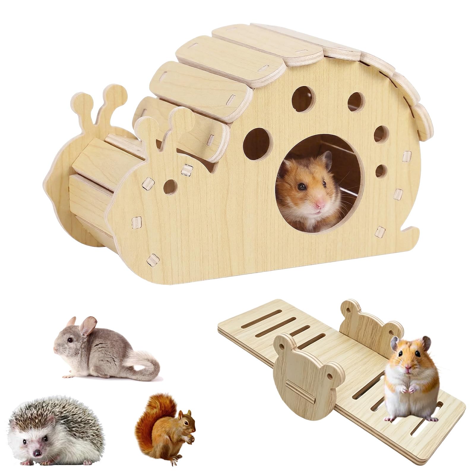 Carreuty Hamster House Wooden, Snail Shape Hamster Hide Dwarf Hamsters Hides with Seesaw Small Wooden Hamster Hideout Multichamber Hideaway for Chipmunk Gerbils Chinchilla Guinea Pig Small Animals