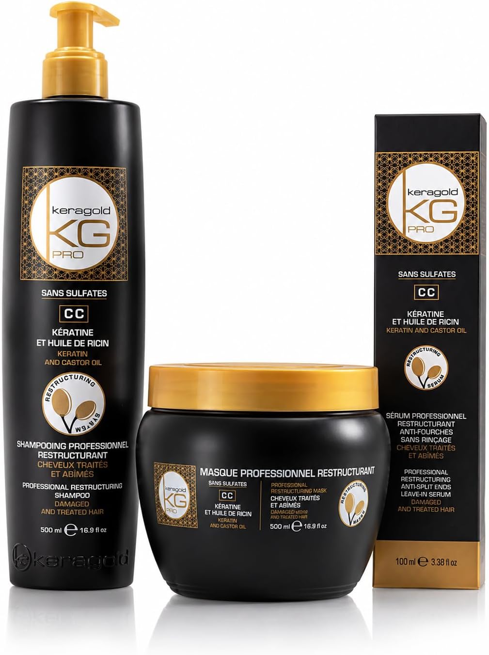 Keragold KG Pro Trio Capillaire Keratin & Castor Oil – Shampoo 500ml, Mask 500ml, Serum 100ml – Sulfate Free Routine for Treated, Damaged, Dry, Frizz & Shine Hair