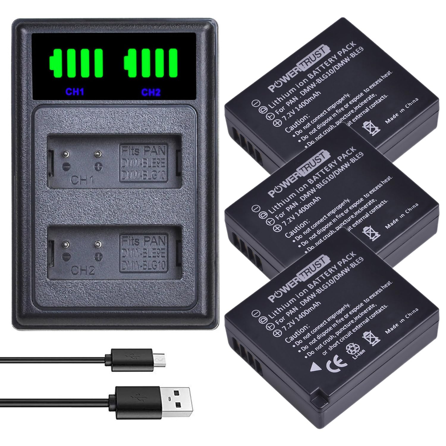 PowerTrust 3-Pack DMW-BLG10 DMW-BLE9 Replacement Battery and Dual USB Charger for Panasonic DMW-BLE9, DMW-BLG10 and Panasonic Lumix DMC-GF3, DMC-GF5,