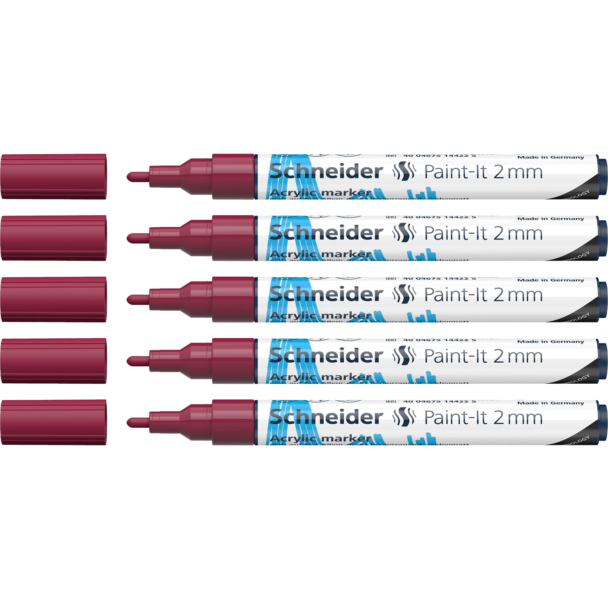 Schneider Paint-It Set 5 Pennarelli Acrilici – Punta Rotonda 2 Mm, Colore Bordeaux, Alta Copertura Per Legno, Tela, Vetro, Metallo, Pietra