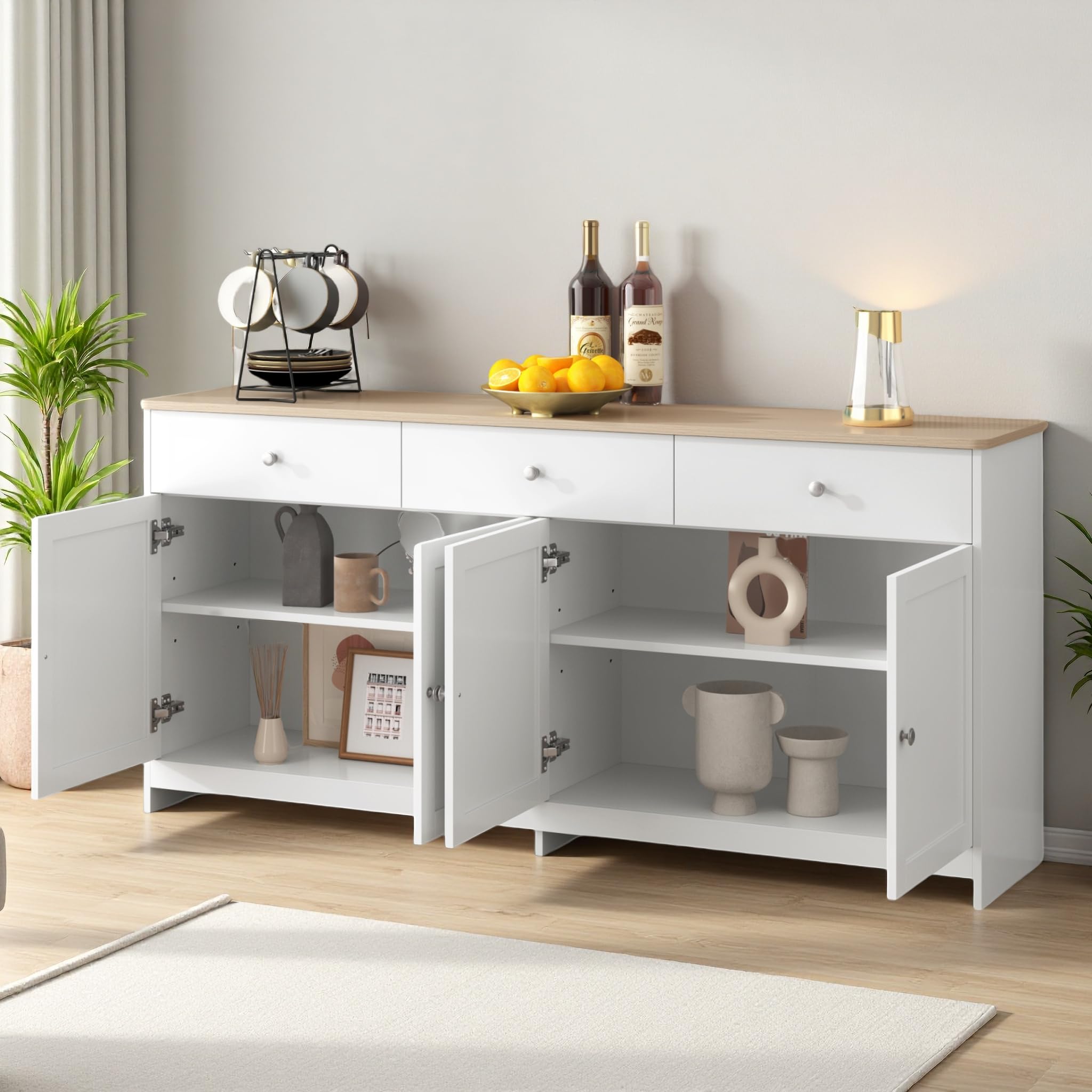 Credenza, cassettiera con 4 ante e 3 cassetti, credenza con ripiani regolabili, armadietto a buffet, per soggiorno, sala da pranzo, cucina, corridoio, natura e bianco (bianco, 160 x 37 x 75)