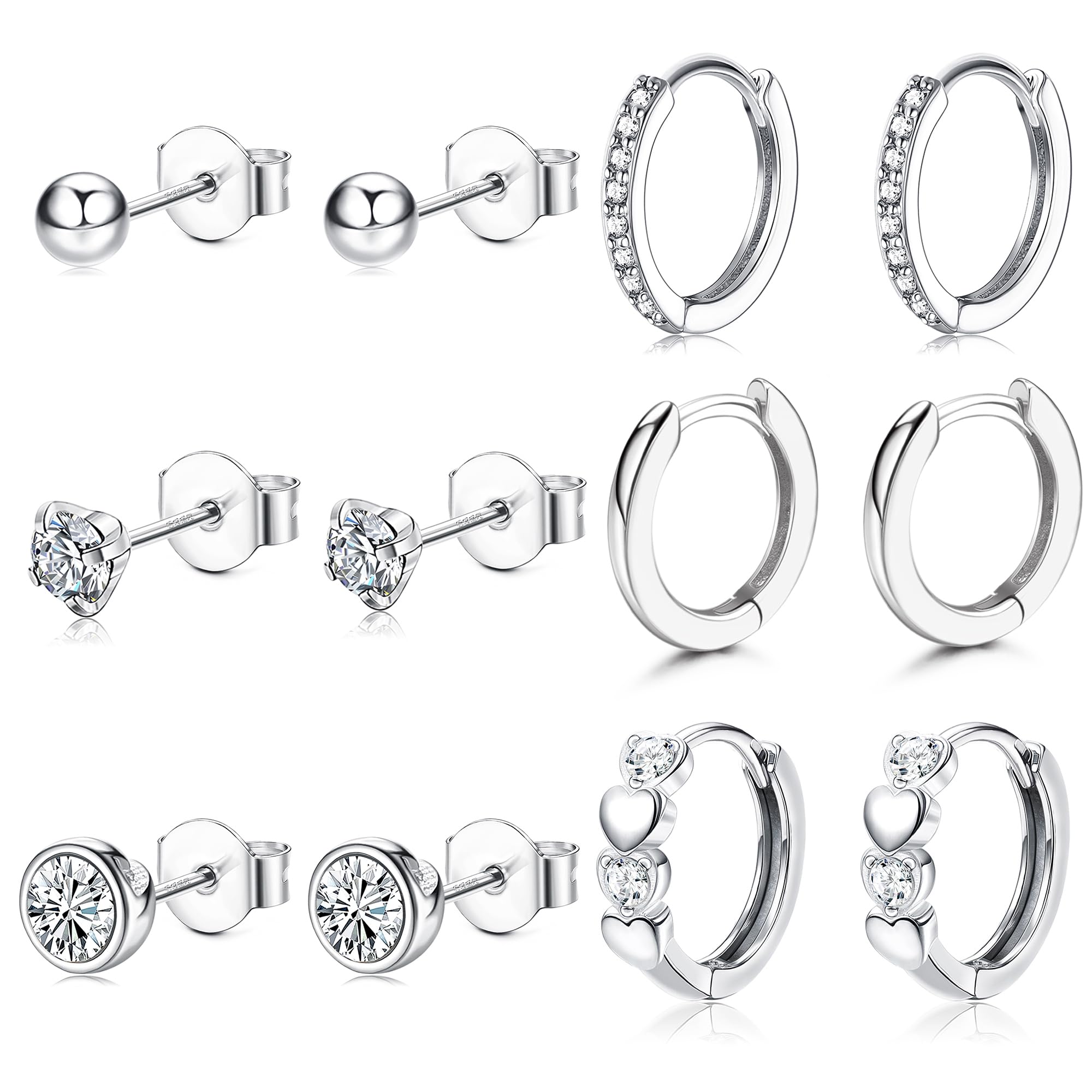 JeweBella 6 Pares Pendientes Plata de Ley 925 Aguja para Mujer Niñas Pequeño Pendientes de Aro Plata Hipoalergénicos Piercing Pendientes Cartílago de Circonita Cúbica Juego de Pendientes Mujer Plata