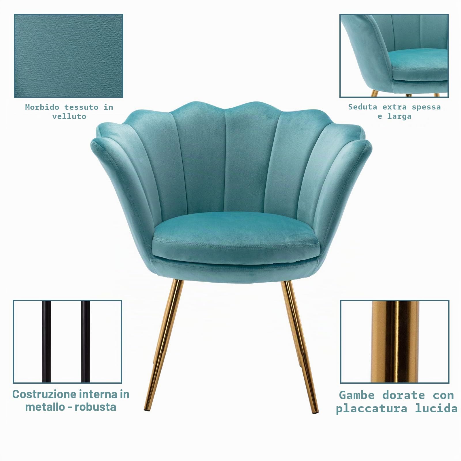 chairus Poltrona Imbottita Poltrona Camera da Letto in Velluto Poltroncina con Gambe in Metallo Placcato Oro Sedia da Salotto Sedie Imbottite per Camera da Letto/Soggiorno, Verde Chiaro