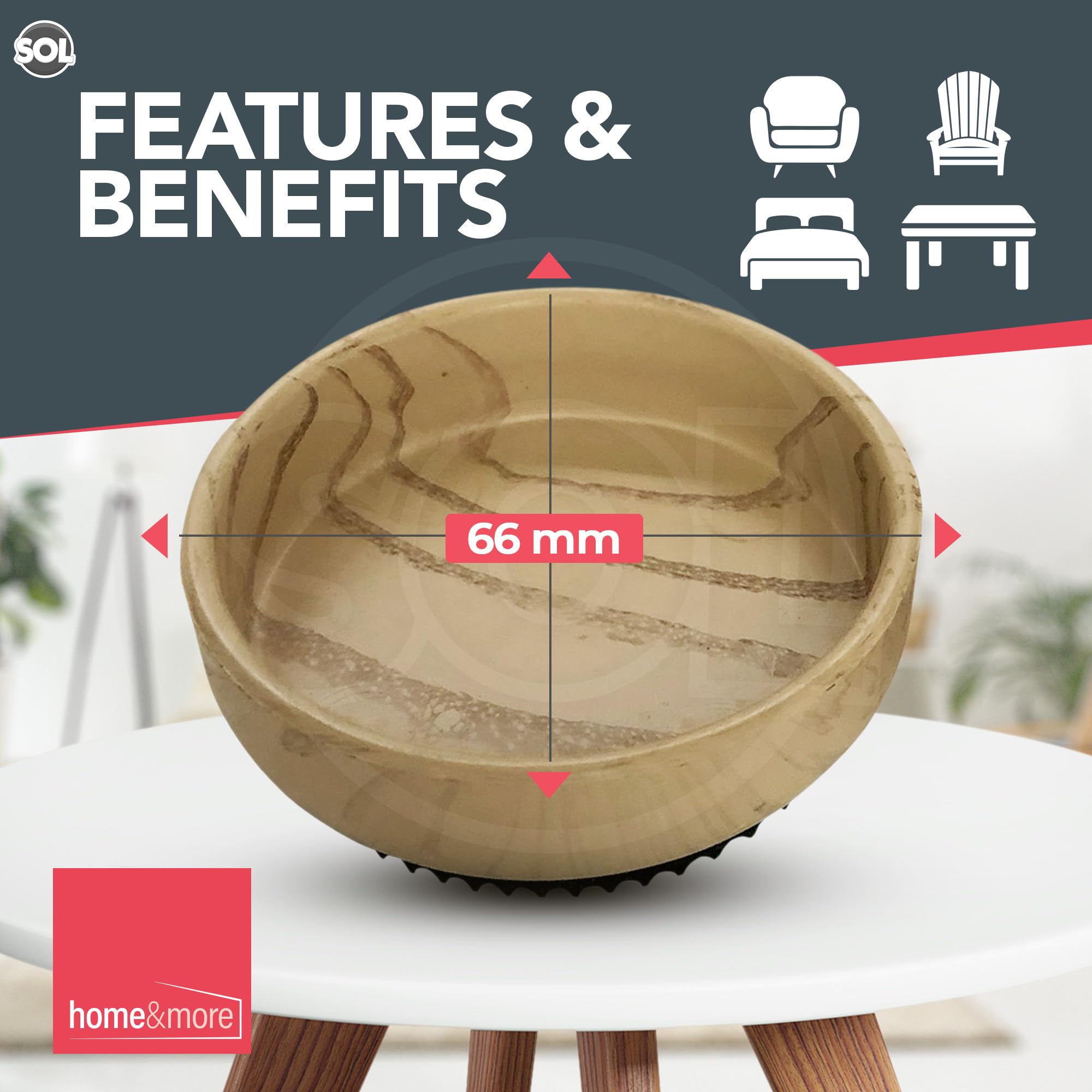 SOL 12pk Rubber Base Castor Cups Furniture Carpet Sofa Leg Floor Protectors Chairs Tables Beds Wheels Non Slip Stability Heavy Support Scratch Prevention Home Office Hardwood Laminate Tiles - Image 2
