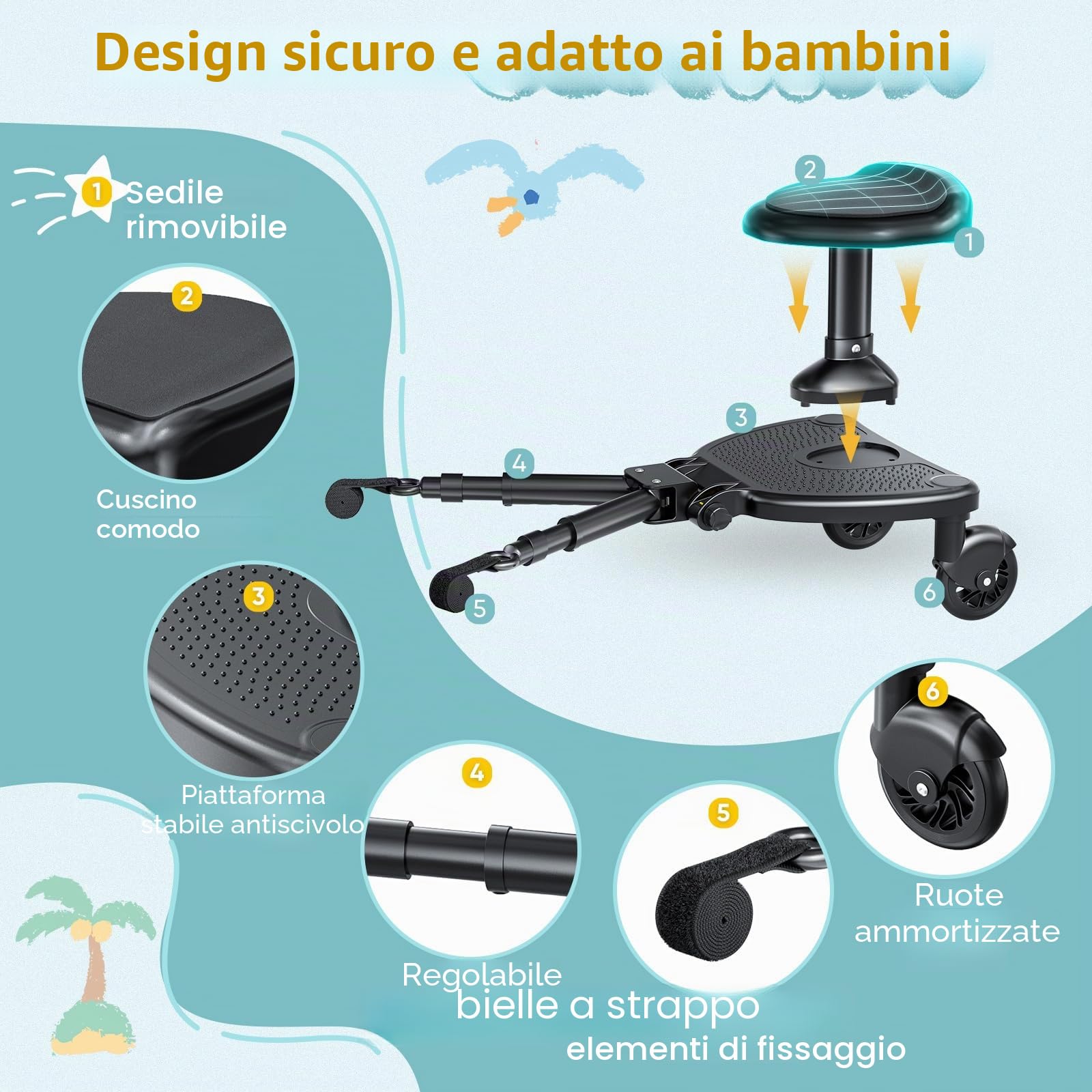 Buggy Board con sedile più ampio, tavola universale per passeggino per bambini dai 2 ai 6 anni, carico 25 kg, pedana per stare in piedi e seduti compatibile con oltre il 99% dei passeggini