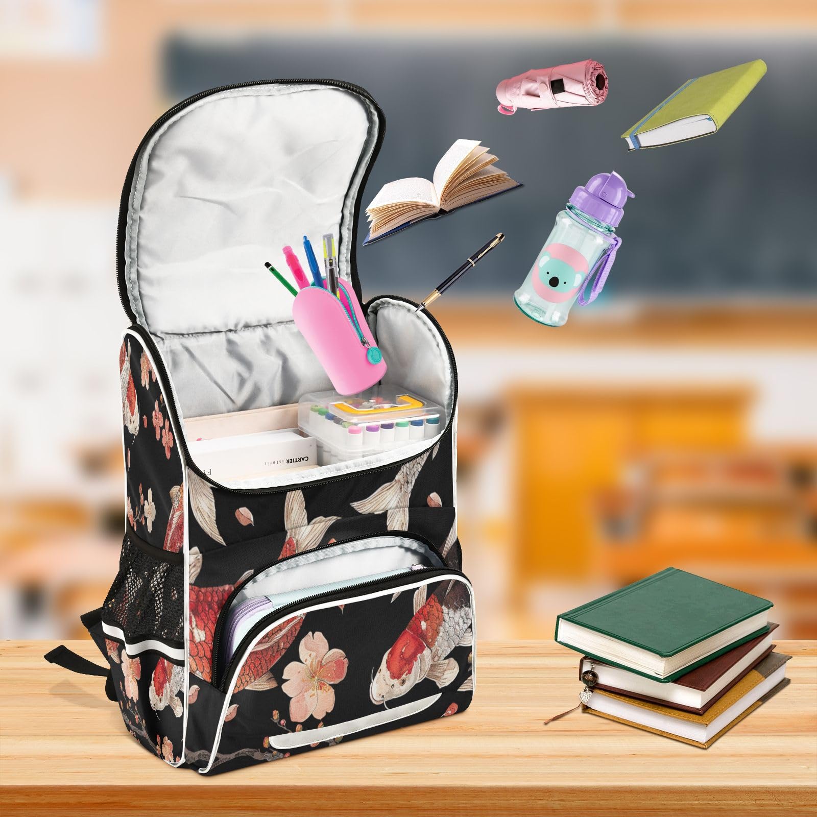 Fiori Di Pesce Koi Elegante Nuoto Zaino Scolastico Borsa Ad Alta Capacità per Ragazze e Ragazzi