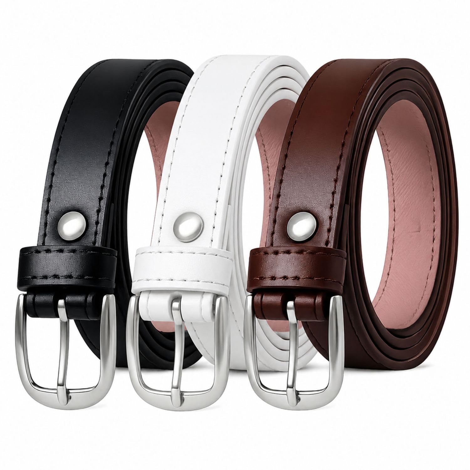 Women Slim Belt | Premium Vegan Leather Belt for Women | 2 cm Width | Silver Pin Buckle | Lightweight Casual, Formal & Office Wear Belt | 120 cm Length | Pack of 3-image-18