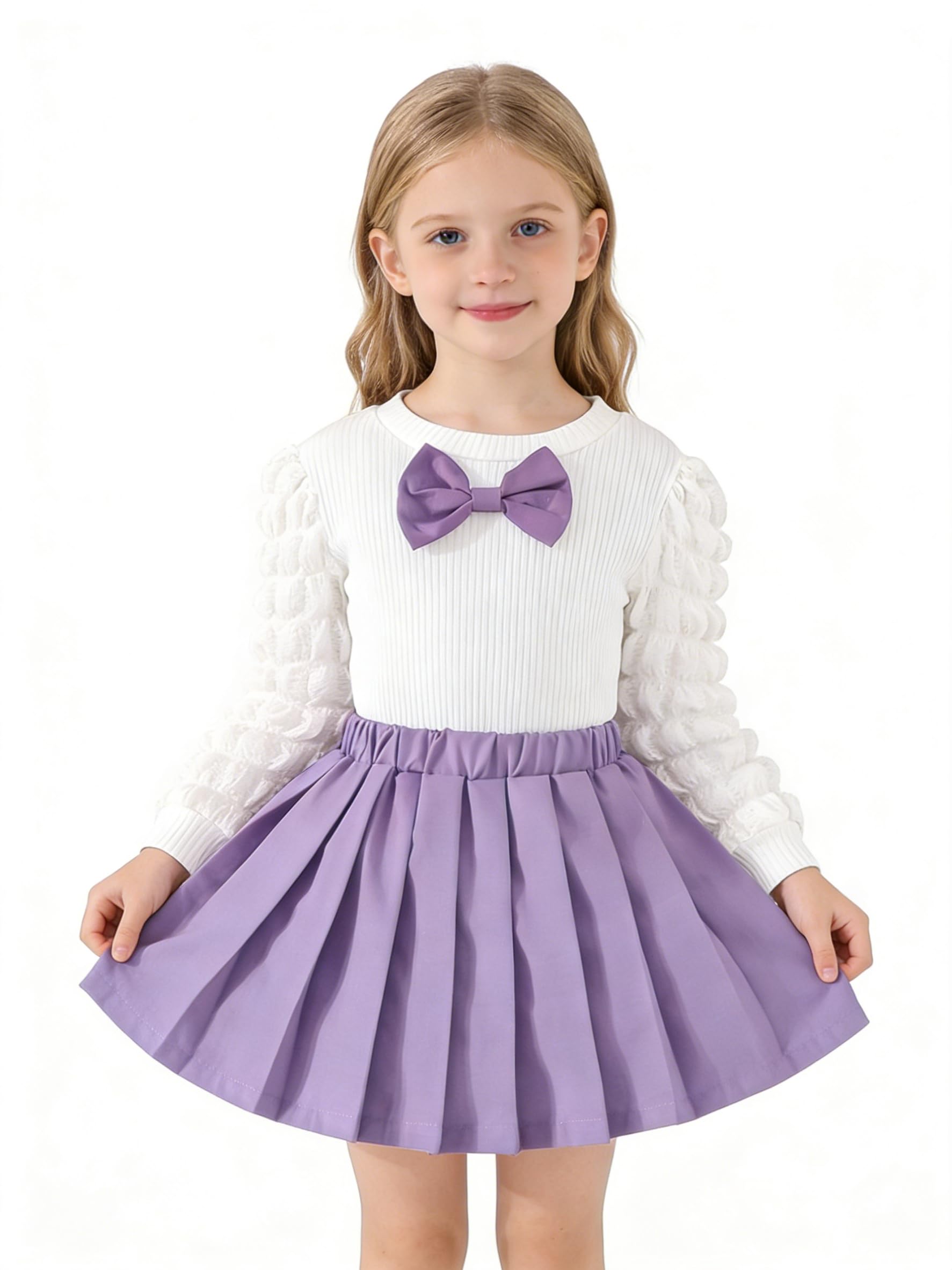 3-8Y Toddler Girl Skirt Set Kid 2Pcs Outfits Puff Long Sleeve Top Pleated Skirt with Bowknot Fall Winter Clothes