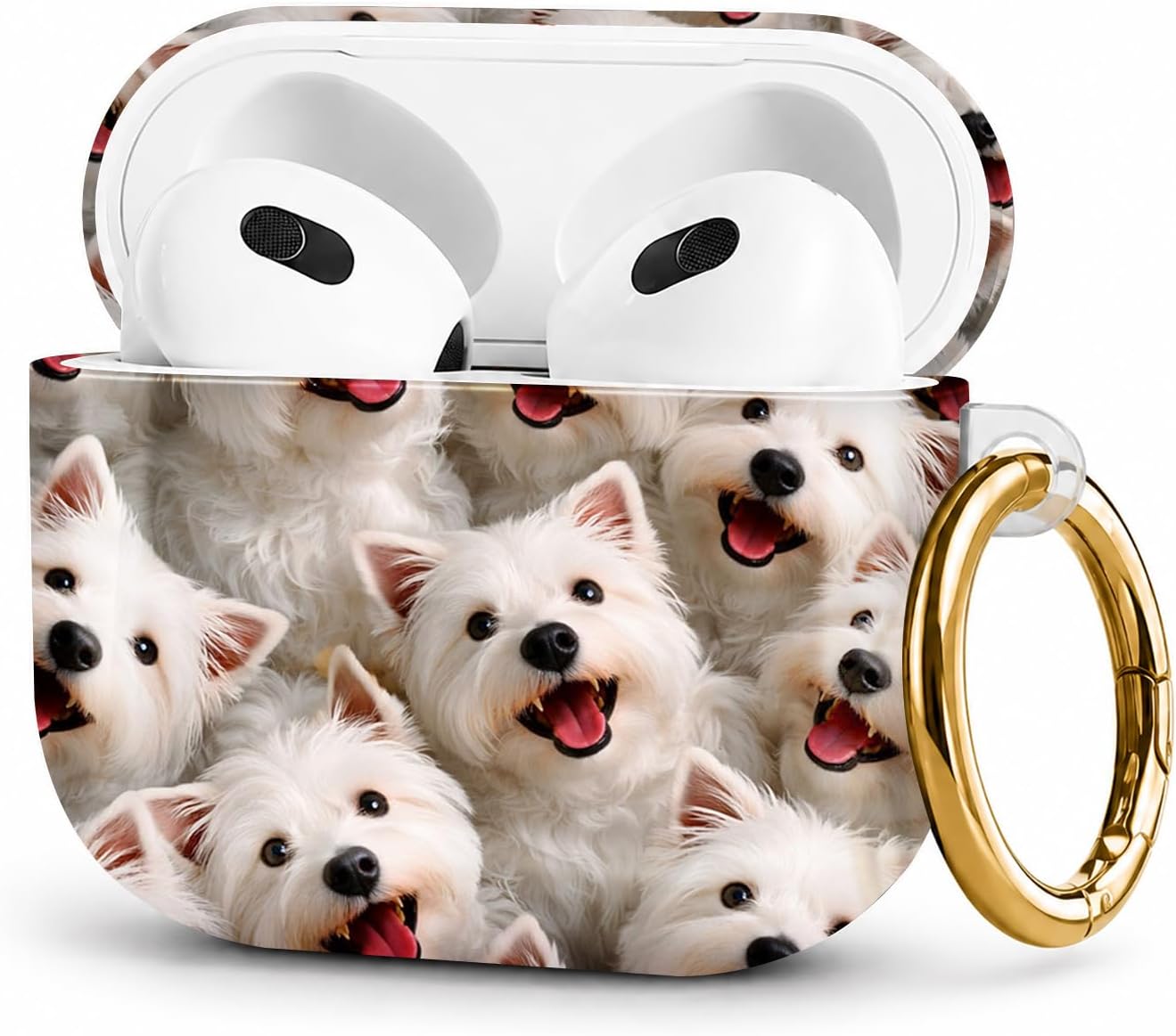 Compatible with AirPod 4 Case 2024, LNZLKING Protective Hard Shell Cover for Airpod 4th Generation, Cute Personalized Pattern Skin with Gold Ring Keychain for Women(Westie Dog Faces)